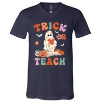 Groovy Halloween Trick Or Teach Retro Floral Ghost Teacher V-Neck T-Shirt