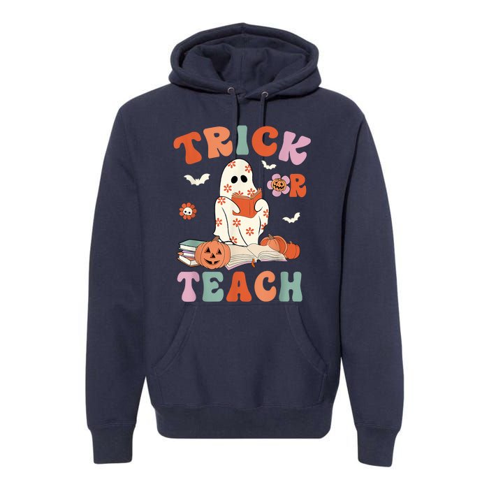 Groovy Halloween Trick Or Teach Retro Floral Ghost Teacher Premium Hoodie