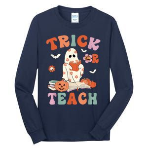 Groovy Halloween Trick Or Teach Retro Floral Ghost Teacher Tall Long Sleeve T-Shirt