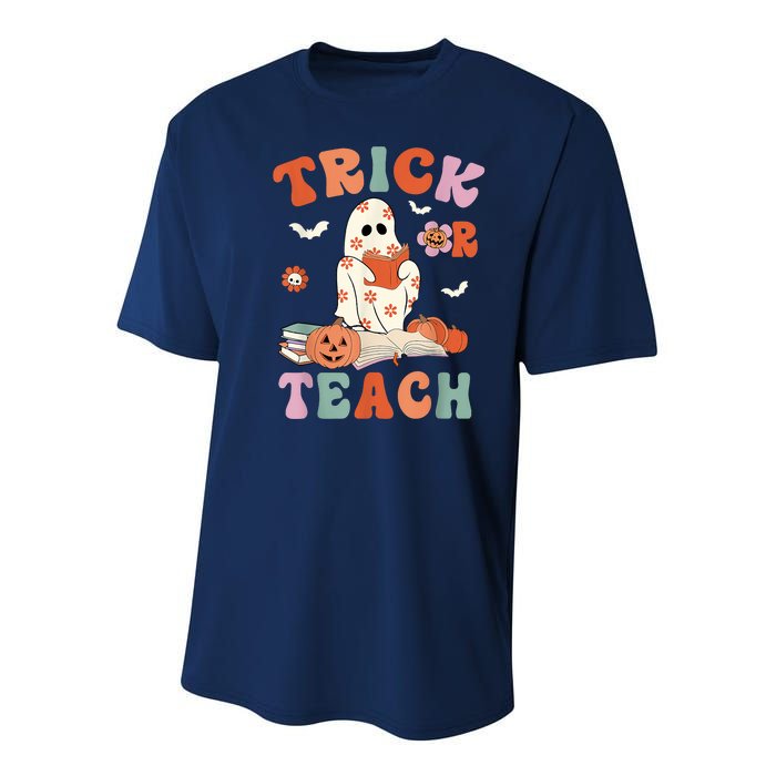 Groovy Halloween Trick Or Teach Retro Floral Ghost Teacher Youth Performance Sprint T-Shirt