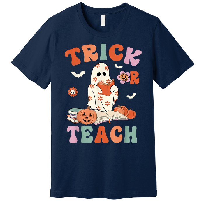 Groovy Halloween Trick Or Teach Retro Floral Ghost Teacher Premium T-Shirt