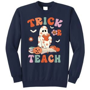 Groovy Halloween Trick Or Teach Retro Floral Ghost Teacher Tall Sweatshirt