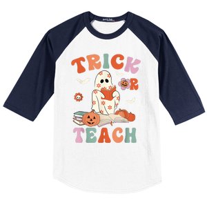 Groovy Halloween Trick Or Teach Retro Floral Ghost Teacher Baseball Sleeve Shirt