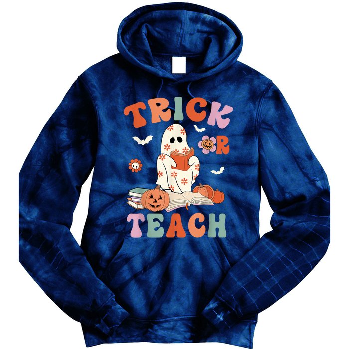 Groovy Halloween Trick Or Teach Retro Floral Ghost Teacher Tie Dye Hoodie