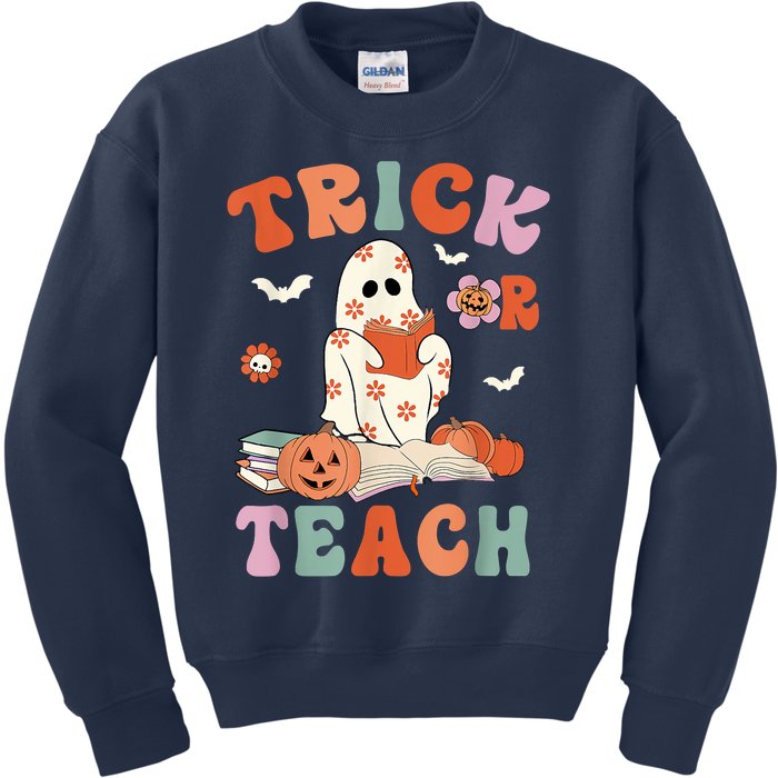 Groovy Halloween Trick Or Teach Retro Floral Ghost Teacher Kids Sweatshirt