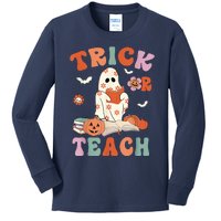 Groovy Halloween Trick Or Teach Retro Floral Ghost Teacher Kids Long Sleeve Shirt