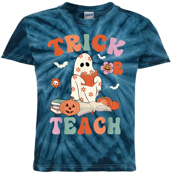 Groovy Halloween Trick Or Teach Retro Floral Ghost Teacher Kids Tie-Dye T-Shirt