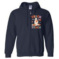 Groovy Halloween Trick Or Teach Retro Floral Ghost Teacher Full Zip Hoodie