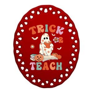 Groovy Halloween Trick Or Teach Retro Floral Ghost Teacher Ceramic Oval Ornament