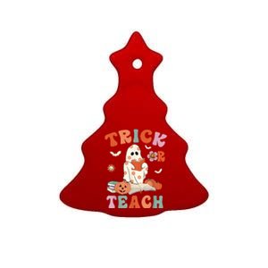 Groovy Halloween Trick Or Teach Retro Floral Ghost Teacher Ceramic Tree Ornament