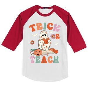 Groovy Halloween Trick Or Teach Retro Floral Ghost Teacher Kids Colorblock Raglan Jersey