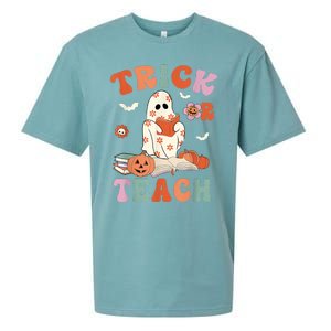 Groovy Halloween Trick Or Teach Retro Floral Ghost Teacher Sueded Cloud Jersey T-Shirt