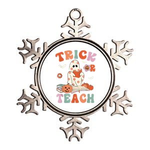 Groovy Halloween Trick Or Teach Retro Floral Ghost Teacher Metallic Star Ornament