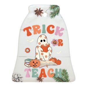 Groovy Halloween Trick Or Teach Retro Floral Ghost Teacher Ceramic Bell Ornament