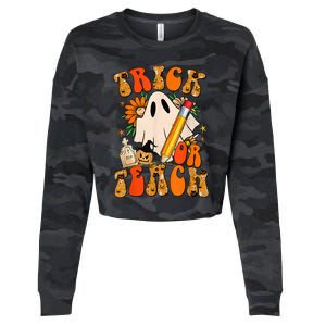 Groovy Halloween Trick or Teach Retro Floral Ghost Teacher Cropped Pullover Crew