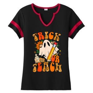 Groovy Halloween Trick or Teach Retro Floral Ghost Teacher Ladies Halftime Notch Neck Tee