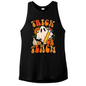 Groovy Halloween Trick or Teach Retro Floral Ghost Teacher Ladies PosiCharge Tri-Blend Wicking Tank