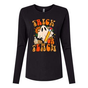 Groovy Halloween Trick or Teach Retro Floral Ghost Teacher Womens Cotton Relaxed Long Sleeve T-Shirt