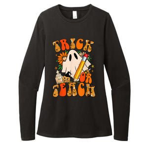 Groovy Halloween Trick or Teach Retro Floral Ghost Teacher Womens CVC Long Sleeve Shirt