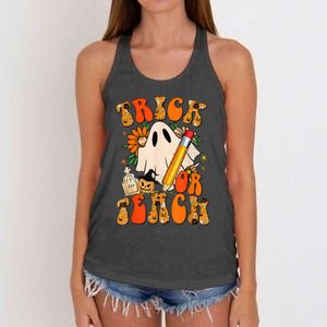 Groovy Halloween Trick or Teach Retro Floral Ghost Teacher Women's Knotted Racerback Tank