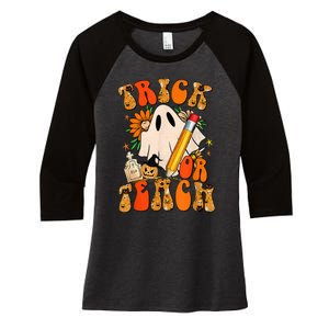 Groovy Halloween Trick or Teach Retro Floral Ghost Teacher Women's Tri-Blend 3/4-Sleeve Raglan Shirt