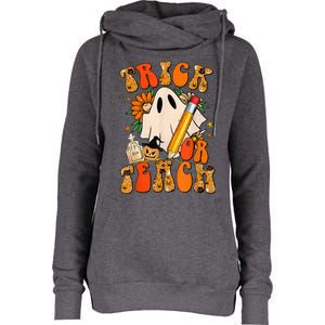 Groovy Halloween Trick or Teach Retro Floral Ghost Teacher Womens Funnel Neck Pullover Hood