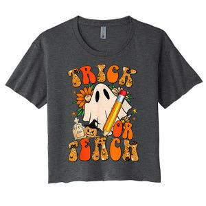 Groovy Halloween Trick or Teach Retro Floral Ghost Teacher Women's Crop Top Tee