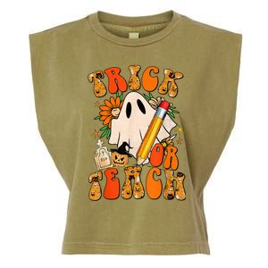 Groovy Halloween Trick or Teach Retro Floral Ghost Teacher Garment-Dyed Women's Muscle Tee