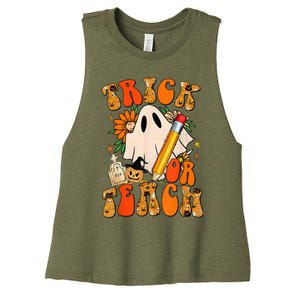 Groovy Halloween Trick or Teach Retro Floral Ghost Teacher Women's Racerback Cropped Tank