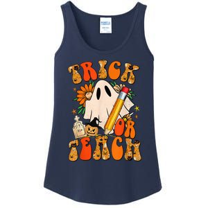 Groovy Halloween Trick or Teach Retro Floral Ghost Teacher Ladies Essential Tank