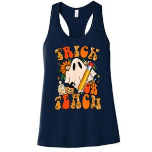 Groovy Halloween Trick or Teach Retro Floral Ghost Teacher Women's Racerback Tank