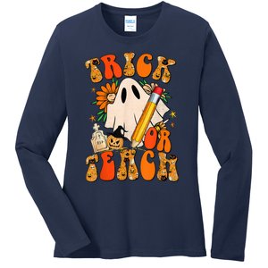 Groovy Halloween Trick or Teach Retro Floral Ghost Teacher Ladies Long Sleeve Shirt