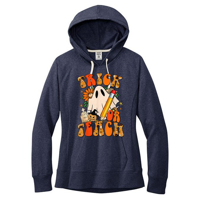 Groovy Halloween Trick or Teach Retro Floral Ghost Teacher Women's Fleece Hoodie