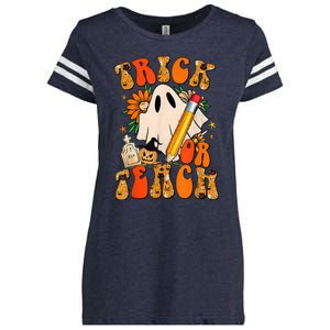 Groovy Halloween Trick or Teach Retro Floral Ghost Teacher Enza Ladies Jersey Football T-Shirt