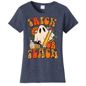 Groovy Halloween Trick or Teach Retro Floral Ghost Teacher Women's T-Shirt