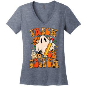 Groovy Halloween Trick or Teach Retro Floral Ghost Teacher Women's V-Neck T-Shirt