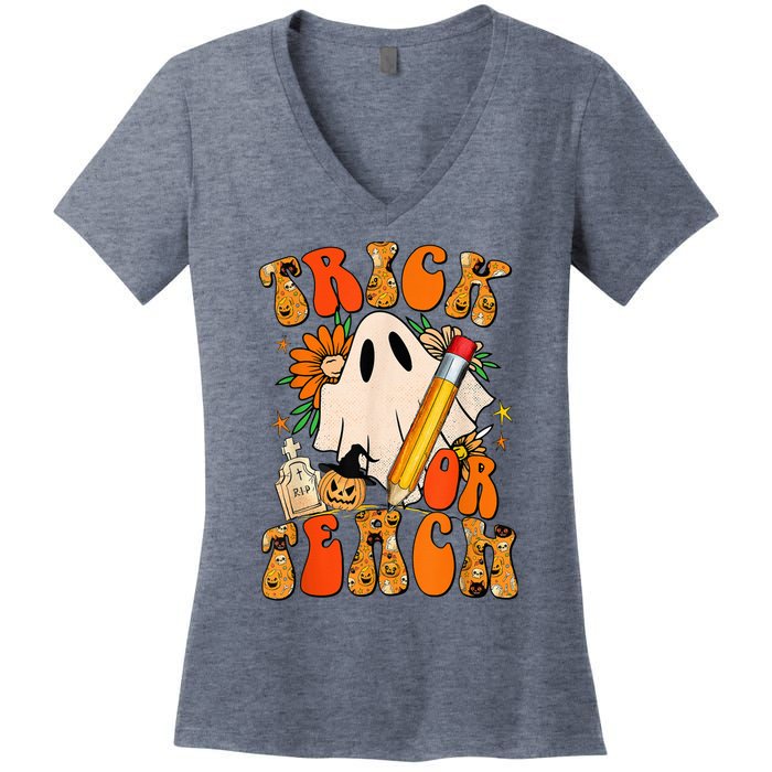 Groovy Halloween Trick or Teach Retro Floral Ghost Teacher Women's V-Neck T-Shirt