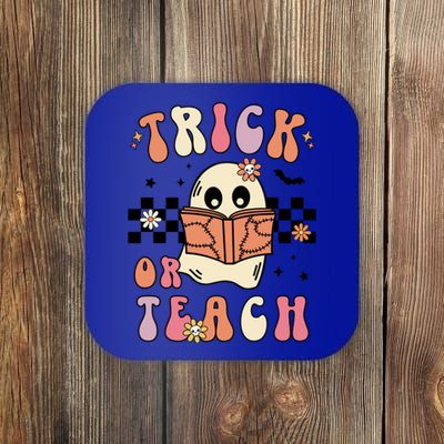 Groovy Halloween Trick Or Teach Retro Floral Ghost Teacher Gift Coaster