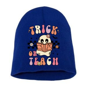 Groovy Halloween Trick Or Teach Retro Floral Ghost Teacher Gift Short Acrylic Beanie