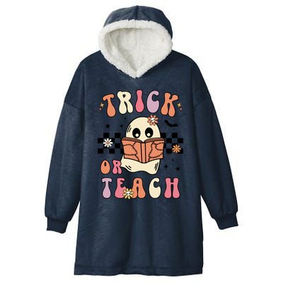 Groovy Halloween Trick Or Teach Retro Floral Ghost Teacher Gift Hooded Wearable Blanket