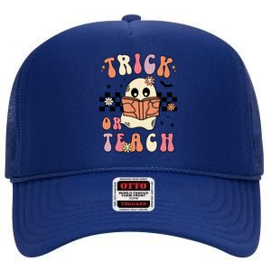 Groovy Halloween Trick Or Teach Retro Floral Ghost Teacher Gift High Crown Mesh Back Trucker Hat