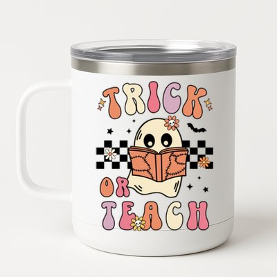 Groovy Halloween Trick Or Teach Retro Floral Ghost Teacher Gift 12 oz Stainless Steel Tumbler Cup