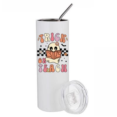 Groovy Halloween Trick Or Teach Retro Floral Ghost Teacher Gift Stainless Steel Tumbler