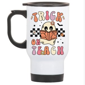 Groovy Halloween Trick Or Teach Retro Floral Ghost Teacher Gift Stainless Steel Travel Mug