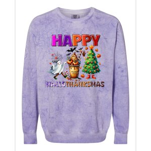 Gnomes Halloween Thanksgiving Christmas Happy Hallothanksmas Colorblast Crewneck Sweatshirt