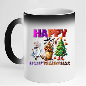 Gnomes Halloween Thanksgiving Christmas Happy Hallothanksmas 11oz Black Color Changing Mug