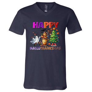 Gnomes Halloween Thanksgiving Christmas Happy Hallothanksmas V-Neck T-Shirt