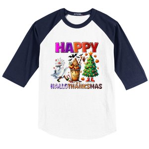 Gnomes Halloween Thanksgiving Christmas Happy Hallothanksmas Baseball Sleeve Shirt