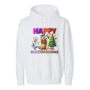 Gnomes Halloween Thanksgiving Christmas Happy Hallothanksmas Garment-Dyed Fleece Hoodie