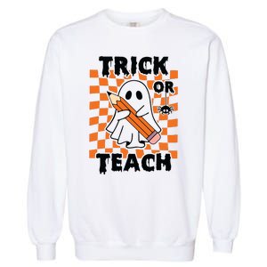 Groovy Halloween Trick Or Teach Retro Floral Ghost Teacher Garment-Dyed Sweatshirt